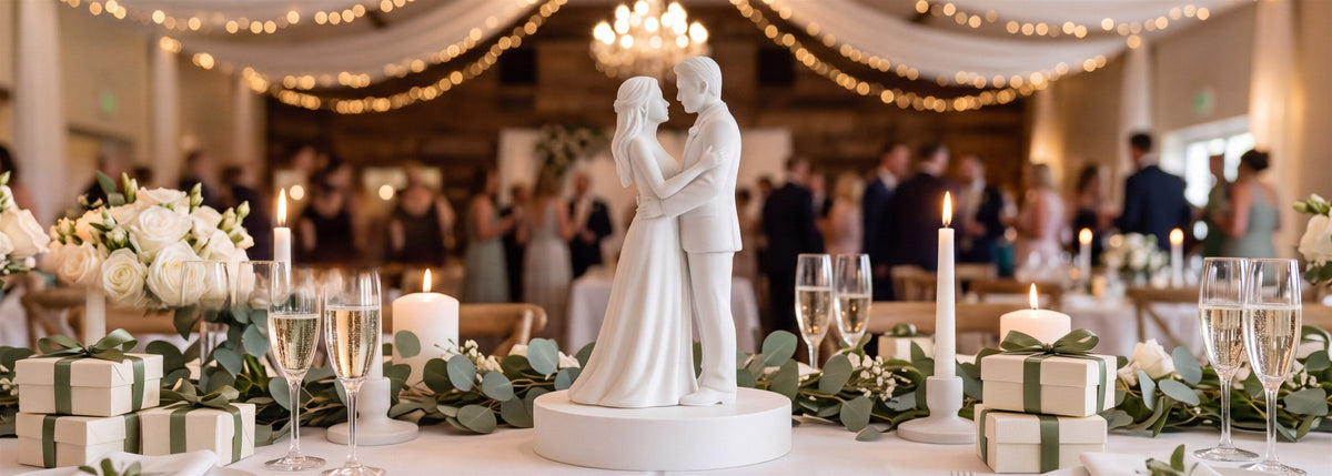 Fotorealistisk billede af en hvid, mat 3D-printet figur af et brudepar på en rund sokkel, omgivet af hvide roser, levende lys og champagneglas ved et bryllupsbord.