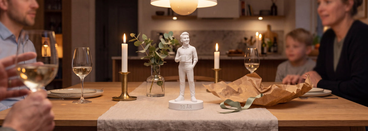 En hvid 3D-printet figur af en mand med kaffekrus står på en sokkel med teksten 10 år midt på et spisebord, mens familien sidder omkring bordet om aftenen.