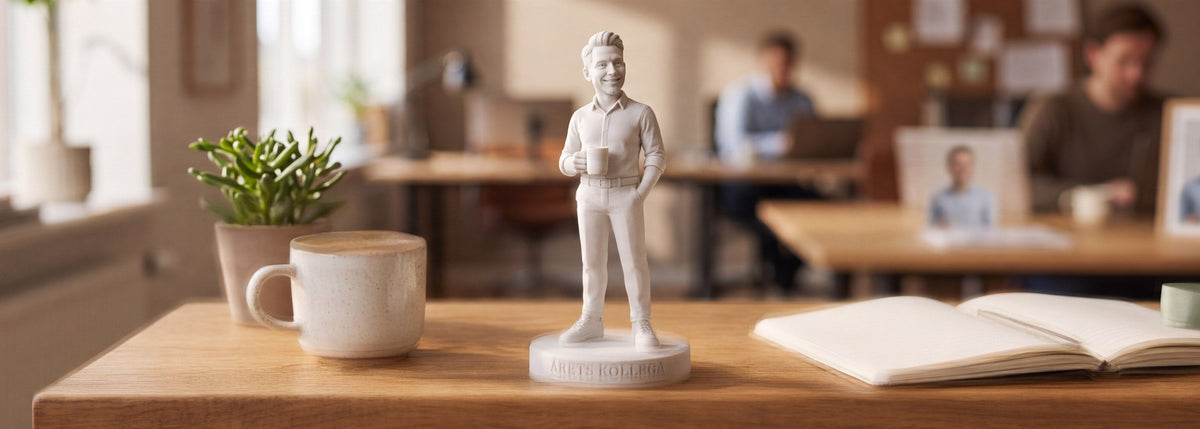 Hvid 3D-printet figur af en smilende medarbejder med kaffekop på en rund sokkel, på et træskrivebord i et lyst kontor med plante, notesbog og salviegrønt bånd