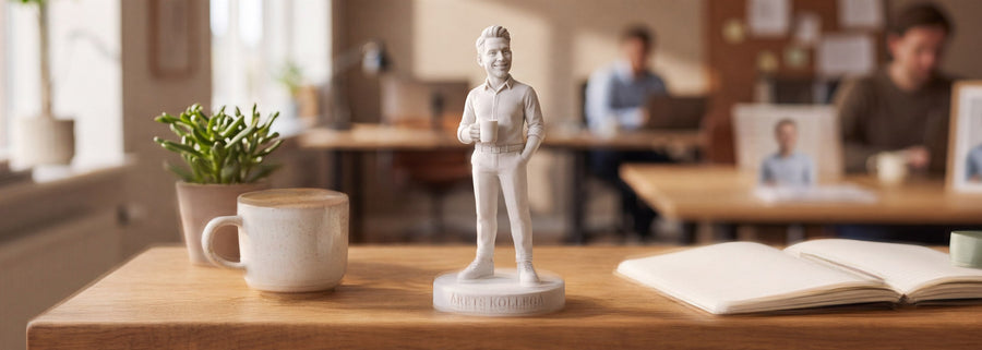 Hvid 3D-printet figur af en smilende medarbejder med kaffekop på en rund sokkel, på et træskrivebord i et lyst kontor med plante, notesbog og salviegrønt bånd