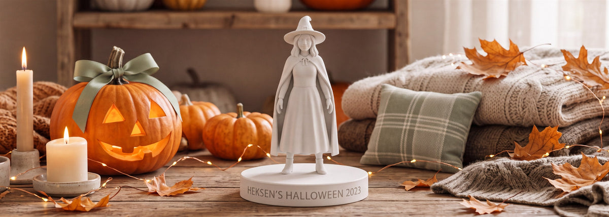 Hvid 3D-printet figur af en person i heksekostume med hat og kappe, placeret på en personlig sokkel midt i en hyggelig Halloween-dekoreret stue med udskårne græskar, tændte stearinlys og lyskæder.