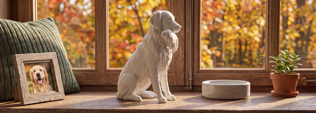 Fotorealistisk billede af en hvid, mat 3D-printet hundefigur uden sokkel, placeret på en vindueskarm omgivet af indrammede hundefotos, en pude og planter i varmt eftermiddagslys.