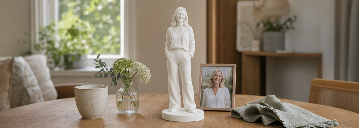 Hvid 3D-printet figur af en smilende kvinde på et egetræsbord ved siden af et indrammet foto af hende, en vase med blomster og en keramikkop