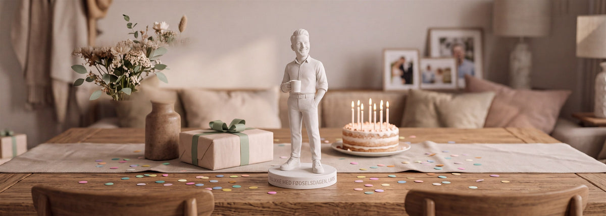 Hvid 3D-printet figur af en mand med kaffekop, placeret på et bord med fødselsdagslys, gaver og blomster i en hyggelig stue.