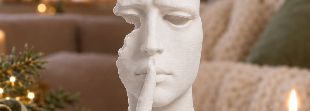 Nærbillede af en hvid 3D-printet Stilhed-buste, hvor en finger hviler på læberne og den ene halvdel af ansigtet er brudt væk.