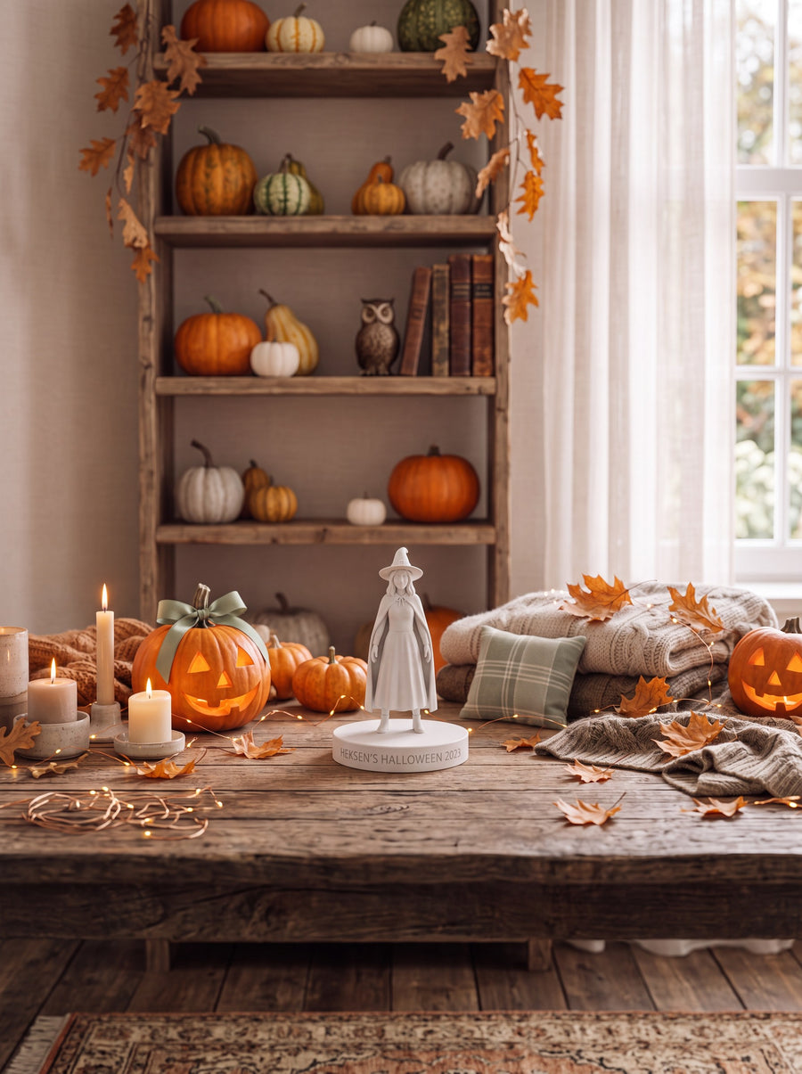 Lodret portræt af en hvid 3D-printet figur i heksekostume mellem udskårne græskar og tændte stearinlys i en hyggelig Halloween-dekoreret stue.