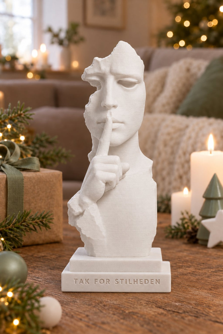 Hvid 3D-printet Stilhed-buste med en finger på læberne og et ansigt brudt halvt væk, på en sokkel med teksten Tak for stilheden, omgivet af julepynt og stearinlys.