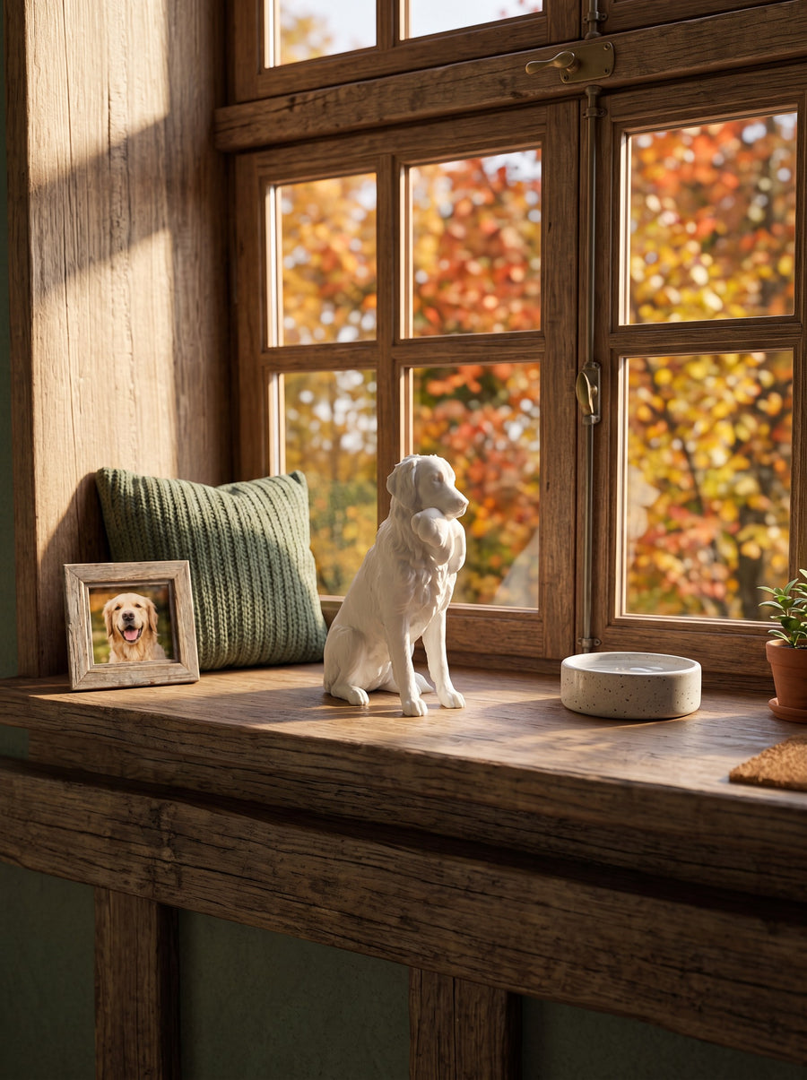 Hvid 3D-figur af en hund ved siden af et foto af hunden